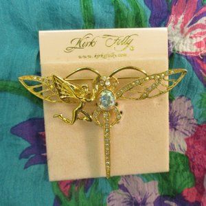 KIRK'S FOLLY Dragonfly Fairy Brooch~Designer AB Crystals Gold Damselfly Brooch